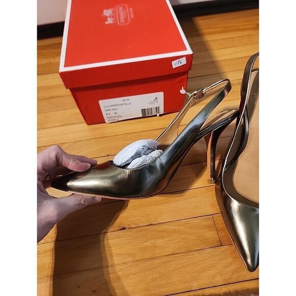 Coach Gold Signature Slingback Pointed Toe Pump Heel Shoe Metallic Women 6.5 - Picture 3 of 11